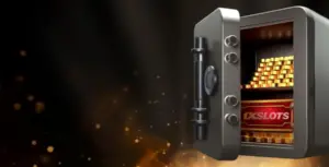 Изображение открытого сейфа, наполненного золотом и промокодами, рекламирующее бонус на выходные в Джой Казино.